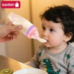 120 مل/4 أونصة، وعاء تغذية سائل للأطفال الرضع مصنوع من السيليكون، يمكن عصره. | موزع هريس الفاكهة ومعجون الأرز | ملعقة قابلة للفصل